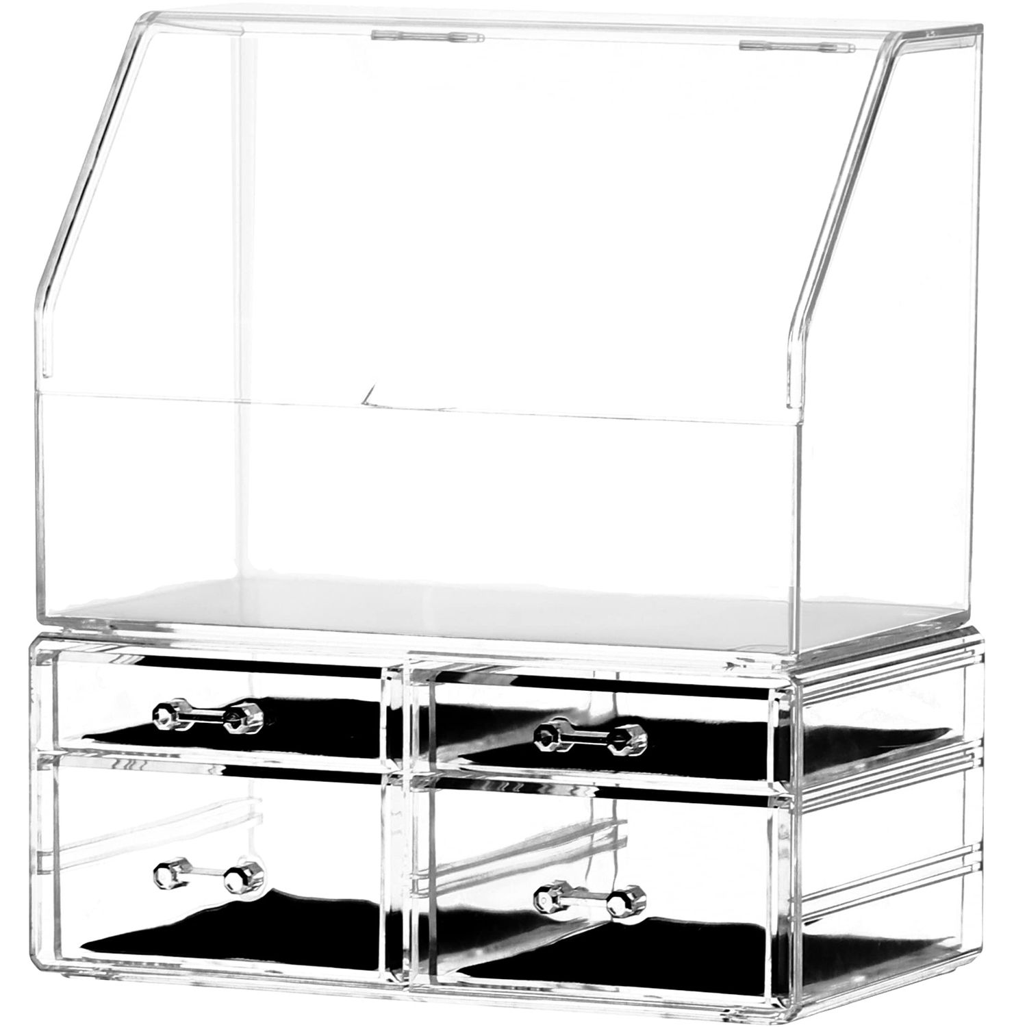 Celar Makeup Organizer With With Lid,Dustproof Waterproof Design Make up Organizer for Bathroom Countertop,4 Drawers Acrylic Skincare and Cosmetic Storage for Vanity Countertop,Dresser Top Organizer