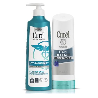 Curel Hydra Therapy Itch Defense Moisturizer and Body Wash Set, Wet Skin Lotion + Curel Itch Defense Calming Daily Cleanser, Body Wash, for Dry, Itchy Skin, 12 oz &amp; 10 oz, Pack of 2