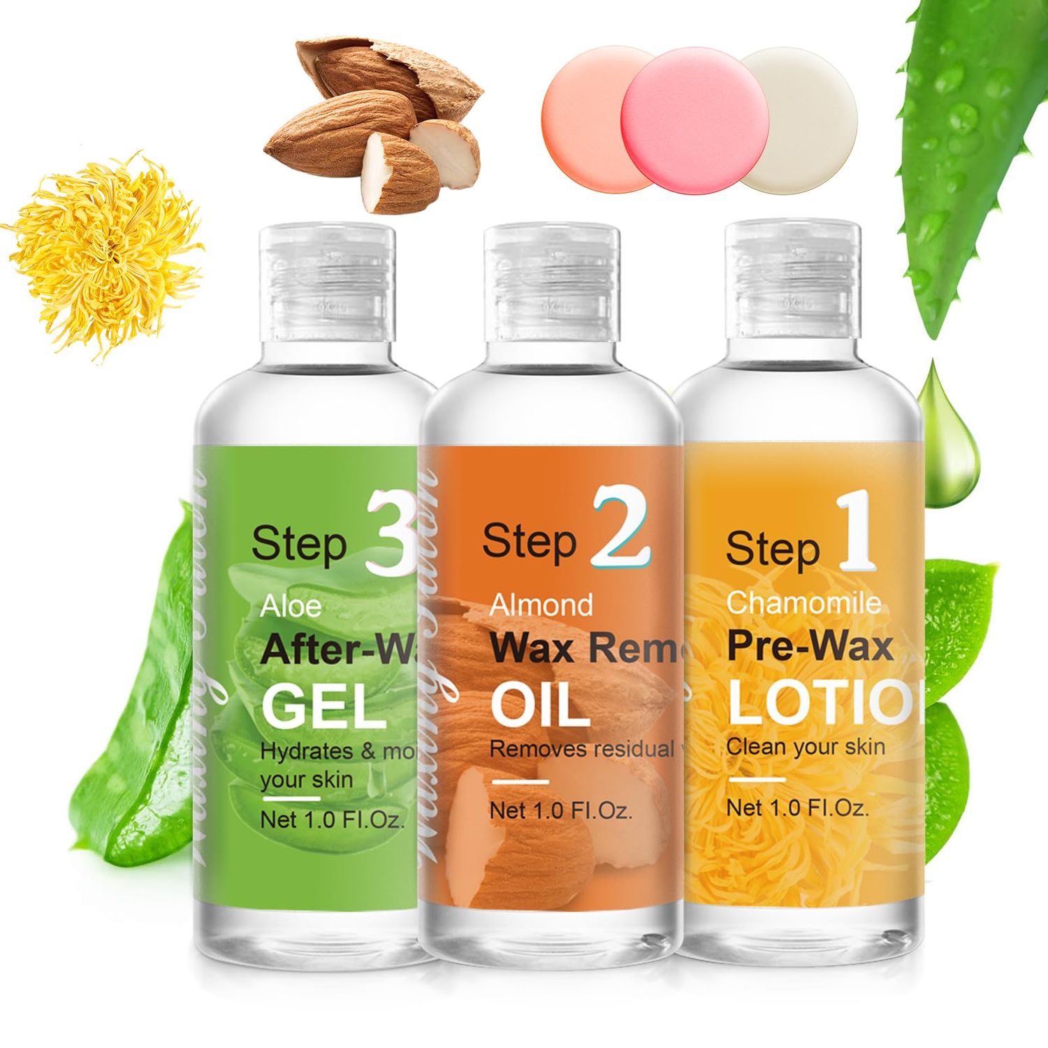 Before And After Waxing Skin Care Products, Chamomile Pre Wax Cleanser Lotion, Almond Oil Moisturizing Wax Remover, Post Wax Cooling Aloe Vera Gel, 3 Bottles Hair Removal Waxing Kit for Women