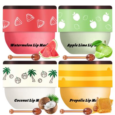 4 PCS Bee Lip Balm Honey Pot, Honey Watermelon Apple Coconut Lip Balm Sleeping Lip Mask Overnight with Sticks, Lip Exfoliating Prevention Dry and Crack (Honey &amp; Watermelon &amp; Apple &amp; Coconut)