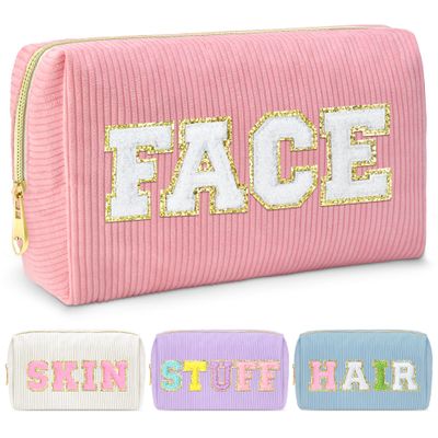 DTBG Preppy Travel Makeup Bag, Corduroy Cosmetic Bag Preppy Stuff Bag for Cute Teen Girls, Toiletry Bags for Traveling Accessories Skincare Bag - Cute Cosmetic Bag Travel Essentials Pouch - FACE