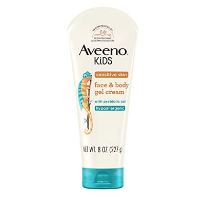 Aveeno Kids Sensitive Skin Face &amp; Body Gel Cream with Prebiotic Oat, Clinically Proven 24 Hour Hydration for Soft Skin, Quick Drying and Lightweight, Hypoallergenic, 8 oz.