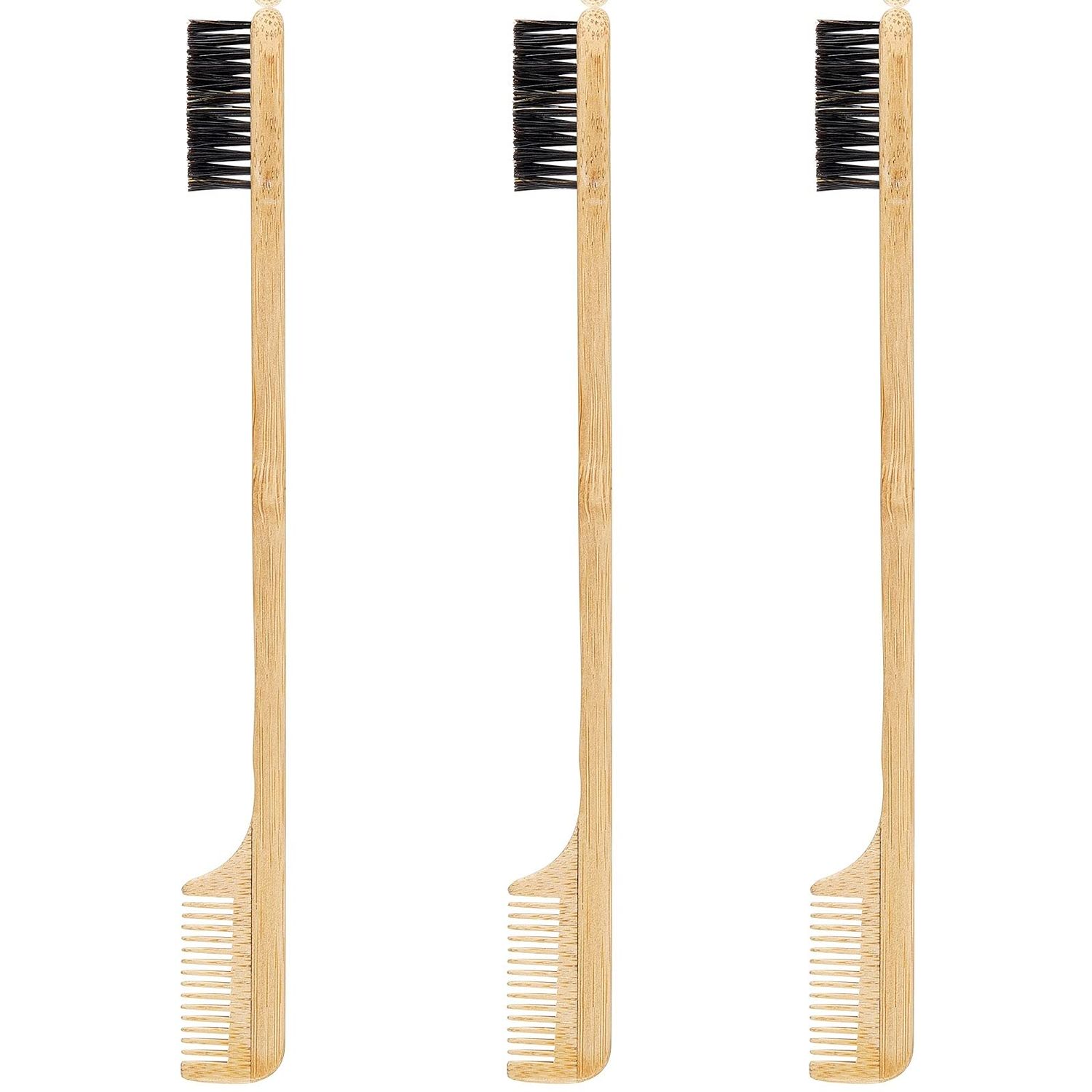 Geiserailie 3 Pieces Mustache Brush 2-in-1 Edge Hair Brush Comb, Gentle Control Brush, Wood Eyebrow Tool
