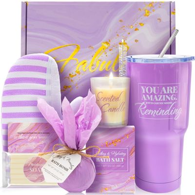 Bath Sets for Women Gift BODY &amp; EARTH Gift Baskets for Women 8pcs Lavender Bath and Body Gift Sets for Women With 20oz Vacuum Insulated Tumbler Birthday Gifts for Women