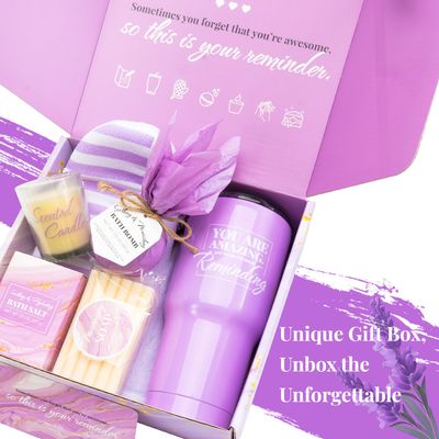 Bath Sets for Women Gift BODY & EARTH Gift Baskets for Women 8pcs Lavender Bath and Body Gift Sets for Women With 20oz Vacuum Insulated Tumbler Birthday Gifts for Women