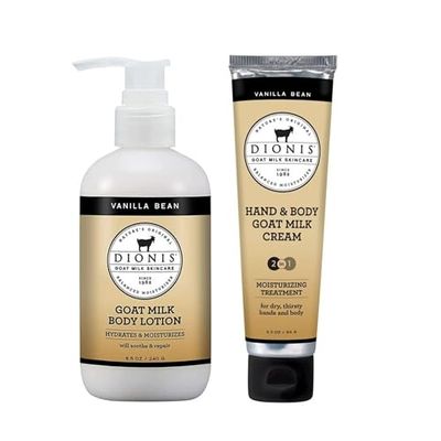 Dionis Goat Milk Skincare Vanilla Bean 8.5oz Hydrating Body Lotion and 3.3oz Hand &amp; Body Moisturizing Travel Size Cream Scented Bundle, Natural Ingredients, Made in the USA, Cruelty Free, Paraben Free