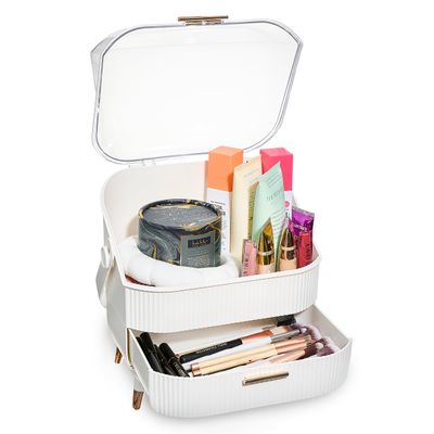 DwellStudio Dustproof Makeup Organizer for Cosmetics and Skincare - Stylish Storage Solution for Your Beauty Essentials, Oval White