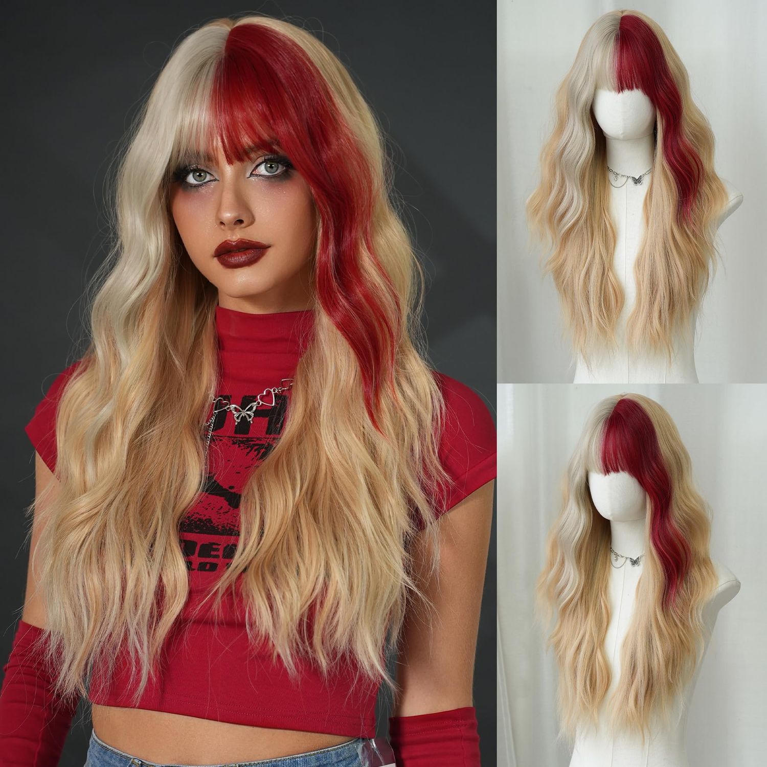 7JHH WIGS Long Wavy Blode Yellow Highlight Natural Black Wig 27in Natural Heat Resistant Fiber Synthetic Curly Blonde Highlight Ombre Wigs with Bangs for Women Girls Daily Party Chrismas Travel Used
