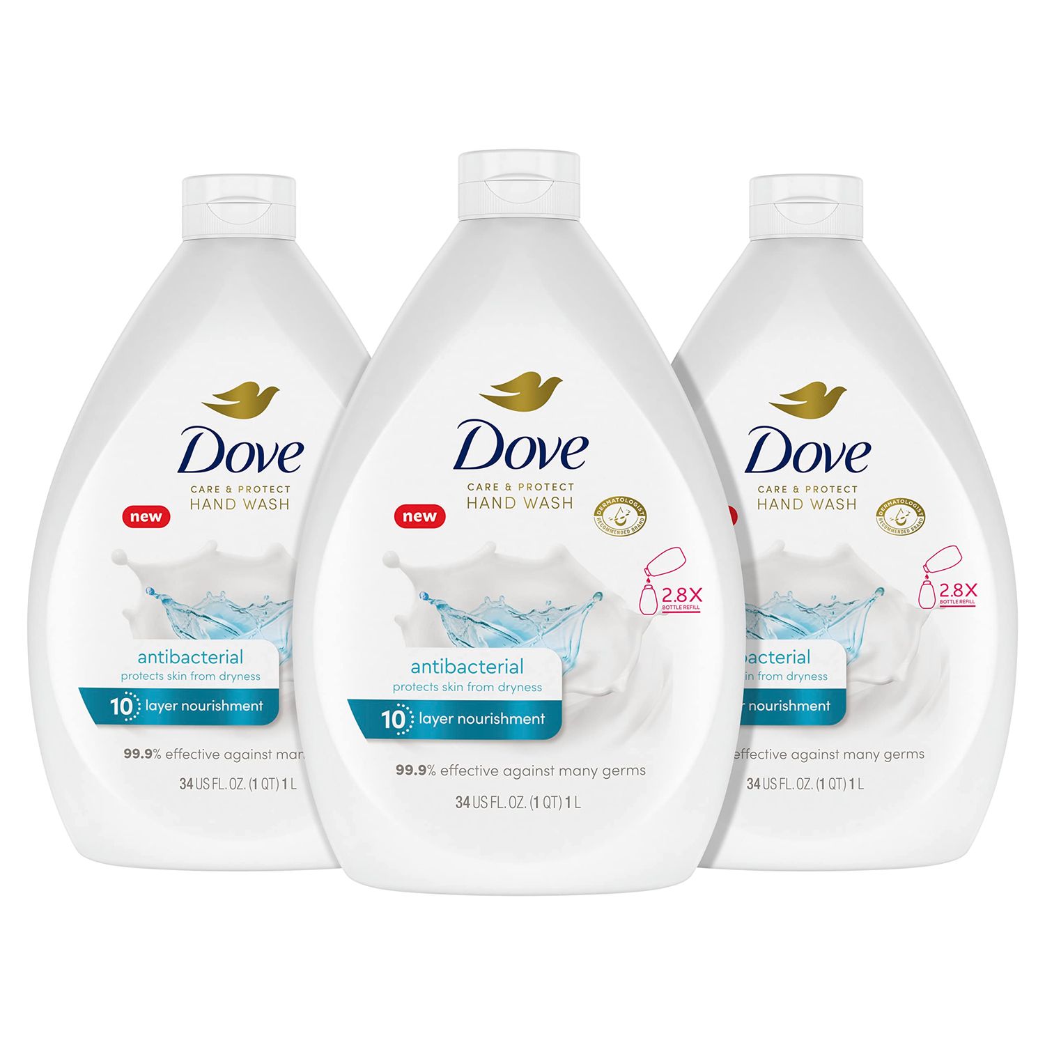 Dove Antibacterial Hand Wash Care &amp; Protect Pack of 3 Protects Skin from Dryness, Moisturizers More Than The Leading Ordinary Hand Soap, 34 oz