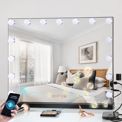 COOLJEEN Black Vanity Mirror with Lights 15pc Dimmable Bulbs Hollywood Mirror, USB Charging Port 3 Color Lighting Modes for Bedroom