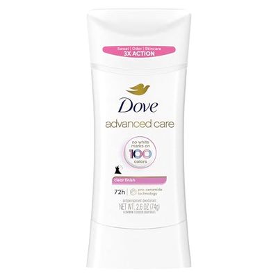 Dove Advanced Care Antiperspirant Deodorant Stick Clear Finish for Soft, Resilient Skin, with No White Marks and 72-Hour Sweat &amp; Odor Protection, 2.6 oz