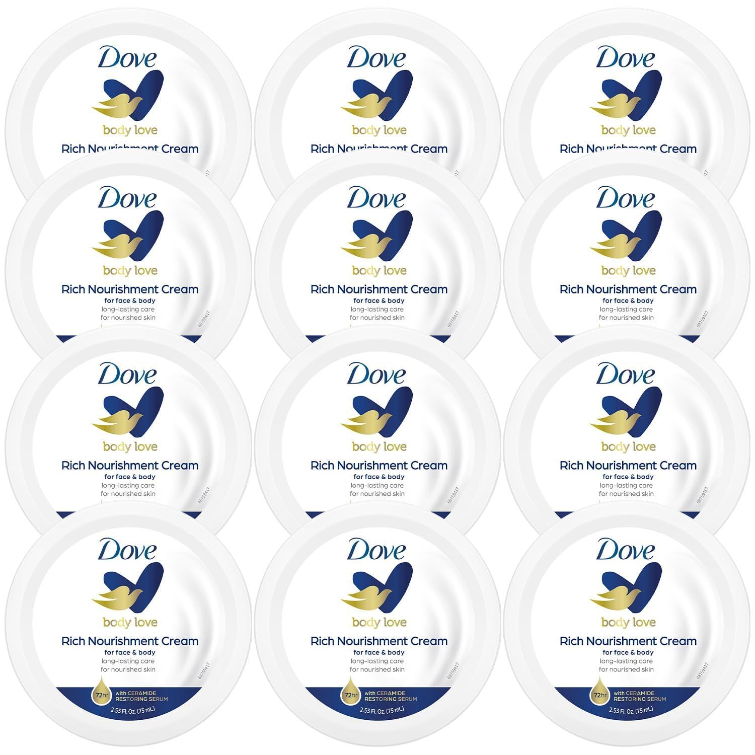 Dove Body Love Rich Nourishment Cream, Face, Hand &amp; Body Lotion for Extremely Dry Skin, Fast-Absorbing 72-Hour Moisturizing Cream with Ceramide Serum, Travel Size, 2.53 Oz (Pack of 12)