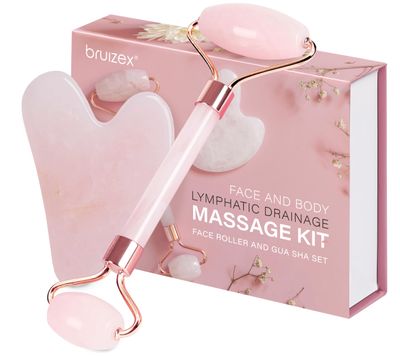 Bruizex Lymphatic Drainage Face Massager Set: Rose Quartz Face Roller &amp; Gua Sha Facial Tool for Lymphatic Massage, Muscle Tension Relief, Skin Care, For Lymphatic Massage Oil, Serum &amp; Face Cream