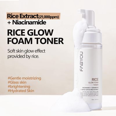 FABYOU Rice Glow Foam Toner 5.07fl.oz / 150ml - Korean Skin Care - Hydrate, Enhance Radiance & Firm - Dual-Action Cleanser & Toner with Rice Bran Extract & Niacinamide for Youthful Glow,Glass Skin