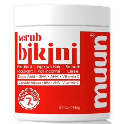 Bikini Area Exfoliator, 2% Kojic Acid Vitamin C &amp; 7% AHA/BHA Even Skin Tone &amp; Ingrown Hair - Underarm Scrub - Radian, Smoothe &amp; Soften Body Scrub