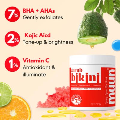 Bikini Area Exfoliator, 2% Kojic Acid Vitamin C &amp; 7% AHA/BHA Even Skin Tone &amp; Ingrown Hair - Underarm Scrub - Radian, Smoothe &amp; Soften Body Scrub