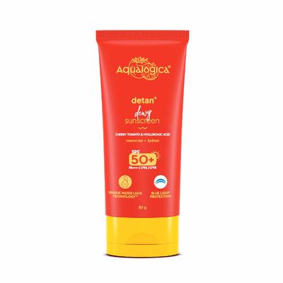 Aqualogica Detan+ Dewy Face Sunscreen with SPF 50+ &amp; PA++++ | Blue Light Protection &amp; No White Cast | Fights Sun Damage with Cherry Tomato &amp; Hyaluronic Acid | 2.82 Oz/80g