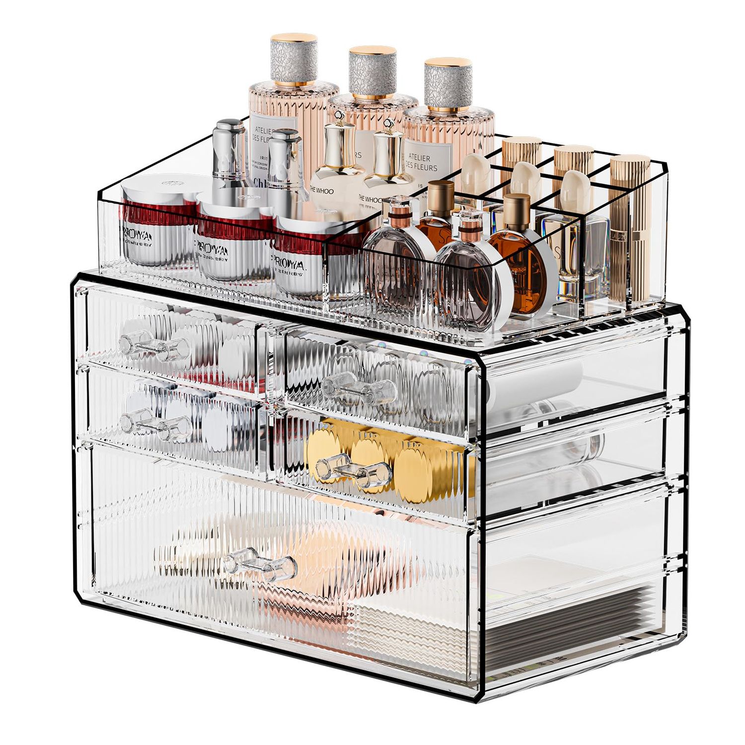 FBOTML Makeup Organizer Bathroom Organizers and Storage, Multi-Ply Acrylic Skincare Organizers, Ideal Makeup Organizer for Vanity or Dresser with Drawer (1 Top, 5 Drawers)