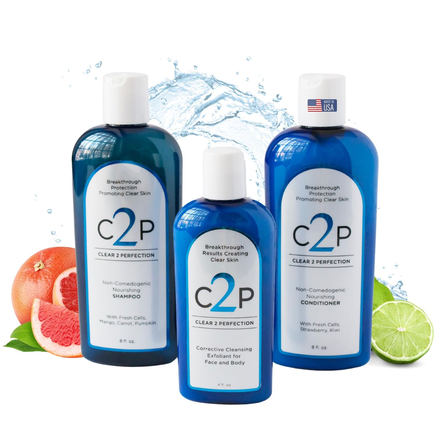 CLEAR 2 PERFECTION Acne Treatment Kit - Non-Comedogenic Haircare &amp; Skincare Trio - Scrub, Shampoo &amp; Conditioner - Ideal for Acne-Prone Skin &amp; Bacne