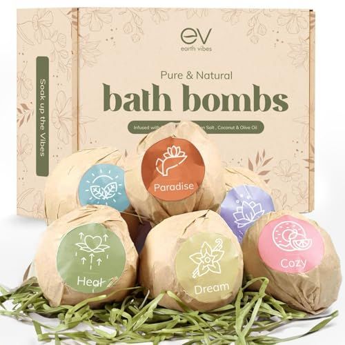 Earth Vibes Bath Bombs Gift Set - USA Made XXL Natural Bath Fizzies Infused with Essential Oils - Moisturizes Dry Skin, Organic Olive Oil, Coconut Oil, Epsom Salt - Women Men Kids - 6 x 5oz