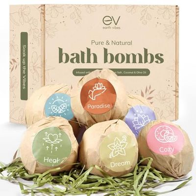Earth Vibes Bath Bombs Gift Set - USA Made XXL Natural Bath Fizzies Infused with Essential Oils - Moisturizes Dry Skin, Organic Olive Oil, Coconut Oil, Epsom Salt - Women Men Kids - 6 x 5oz