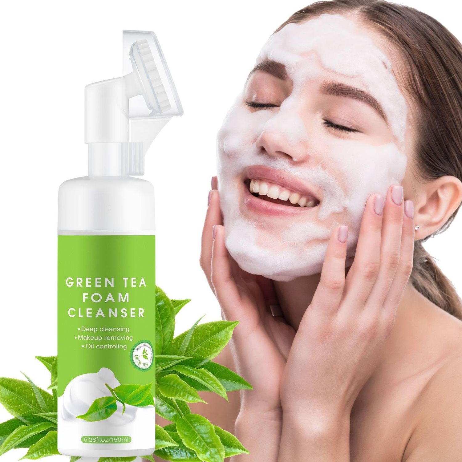 Green Tea Face Wash with Brush for Women and Men, Organic Green Tea Foaming Facial Cleanser with Nature Aloe Vera Extracts, Gentle Fresh Face Cleanser for Deep Cleansing, Makeup Remove and Oil Control