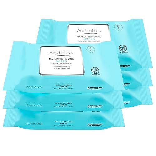 Aesthetica Makeup Removing Wipes - Face &amp; Eye Makeup Remover Wipes - 6 Pack Bulk (180 Wipes Total) Hypoallergenic &amp; Dermatologist Tested - Oil &amp; Fragrance Free - Made in USA