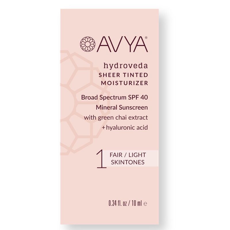 AVYA SPF 40 Sheer Tinted Moisturizer with Hyaluronic Acid &amp; Green Chai - Advanced Ayurvedic Skincare Treatment for Balanced and Brighter Skin/Fair &amp; Light Skintones Shade #1 (0.34oz/10ml)