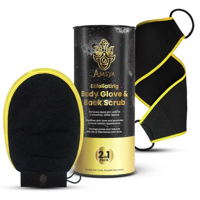 2-in-1 Natural Exfoliating Glove &amp; Back Scrubber Bundle - Premium Korean Dead Skin Remover &amp; Tanning Mitt Skincare Set for Smooth Skin - Body Exfoliator for Keratosis Pilaris &amp; Strawberry Legs