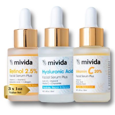 Anti Againg Face Serum Trio, 20% Vitamin C, Powerhosue Hyaluronic-Acid and 2.5% Retinol Serum For Face - 3 Bottles x 1 Fl Oz | Brightening, Firming &amp; Hydrating | sensitive skin safe