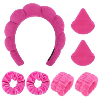 Araluky 7Pcs Puffy Spa Set: Terry Cloth Headband, Wristbands, Scrunchies, Powder Puffs, and Sponges for Skincare, Face Washing, and Makeup Removal - Rose