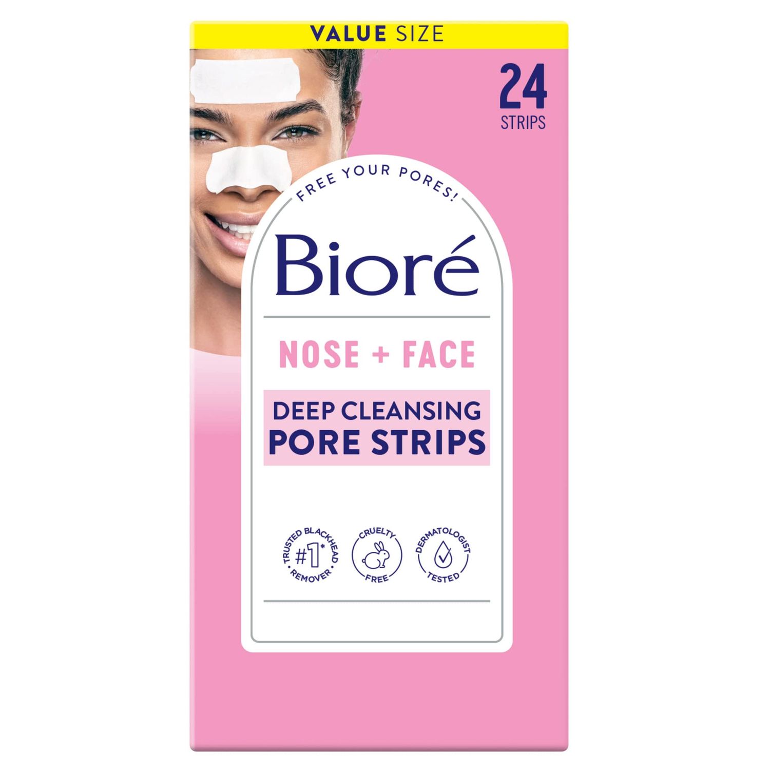 Bior Nose+Face Blackhead Remover Strips, Deep Cleansing Strips for Nose, Chin, or Forehead, Instant Blackhead Removal and Pore Unclogging, Oil-free, Non-Comedogenic Use, Value Size 24 Count