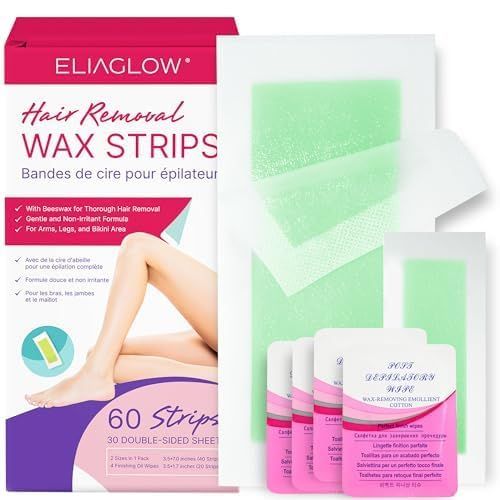 Body Wax Strips Hair Removal for Women: ELIAGLOW 60 Waxing Strips Double Sides &amp; 4 Calming Oil Wipes - Brazilian Wax Kit At Home for Face, Legs, Arms, Chest, Bikini - Hypoallergenic for All Skin Types