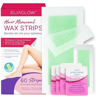 Body Wax Strips Hair Removal for Women: ELIAGLOW 60 Waxing Strips Double Sides &amp; 4 Calming Oil Wipes - Brazilian Wax Kit At Home for Face, Legs, Arms, Chest, Bikini - Hypoallergenic for All Skin Types