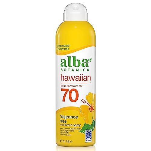 Alba Botanica Sunscreen Spray for Face and Body, Broad Spectrum SPF 70 Sunscreen, Hawaiian Coconut, Water Resistant and Biodegradable, 5 fl. oz. Bottle