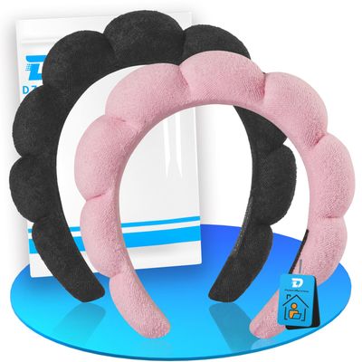 DZSEE Spa &amp; Makeup Headbands for Women, 2-Pack Terry Cloth &amp; Sponge Headbands for Face Washing, Skincare Treatments, and Makeup Application (Pink, Black)