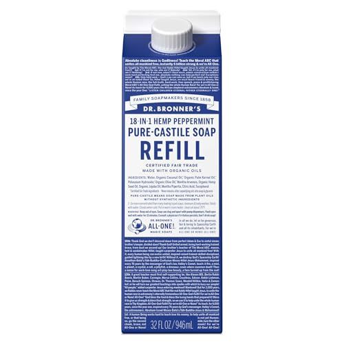 Dr. Bronner&#39;s Pure-Castile Liquid Soap Refill - Made with Regenerative Organic Certified Oils, 82% Less Plastic - 18-in-1 Uses for Face, Body Wash, Hand Soap Refill &amp; More - Peppermint, 32oz