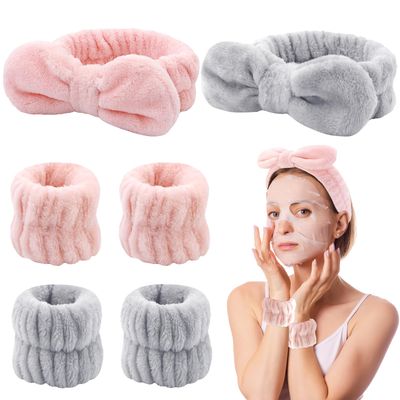 AMCAMI 6 Pack Spa Headband and Wrist Washband Set Spa Headband for Washing Face Facial Headband Makeup Headband Face Washing Wristbands Skincare Headbands