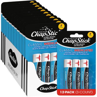 ChapStick Classic Medicated 3-Packs (12 Sets/36 Tubes) - Bulk Lip Balm, Dry Lips &amp; Cold Sore Pain Relief Bundle, 0.15 Oz Ea