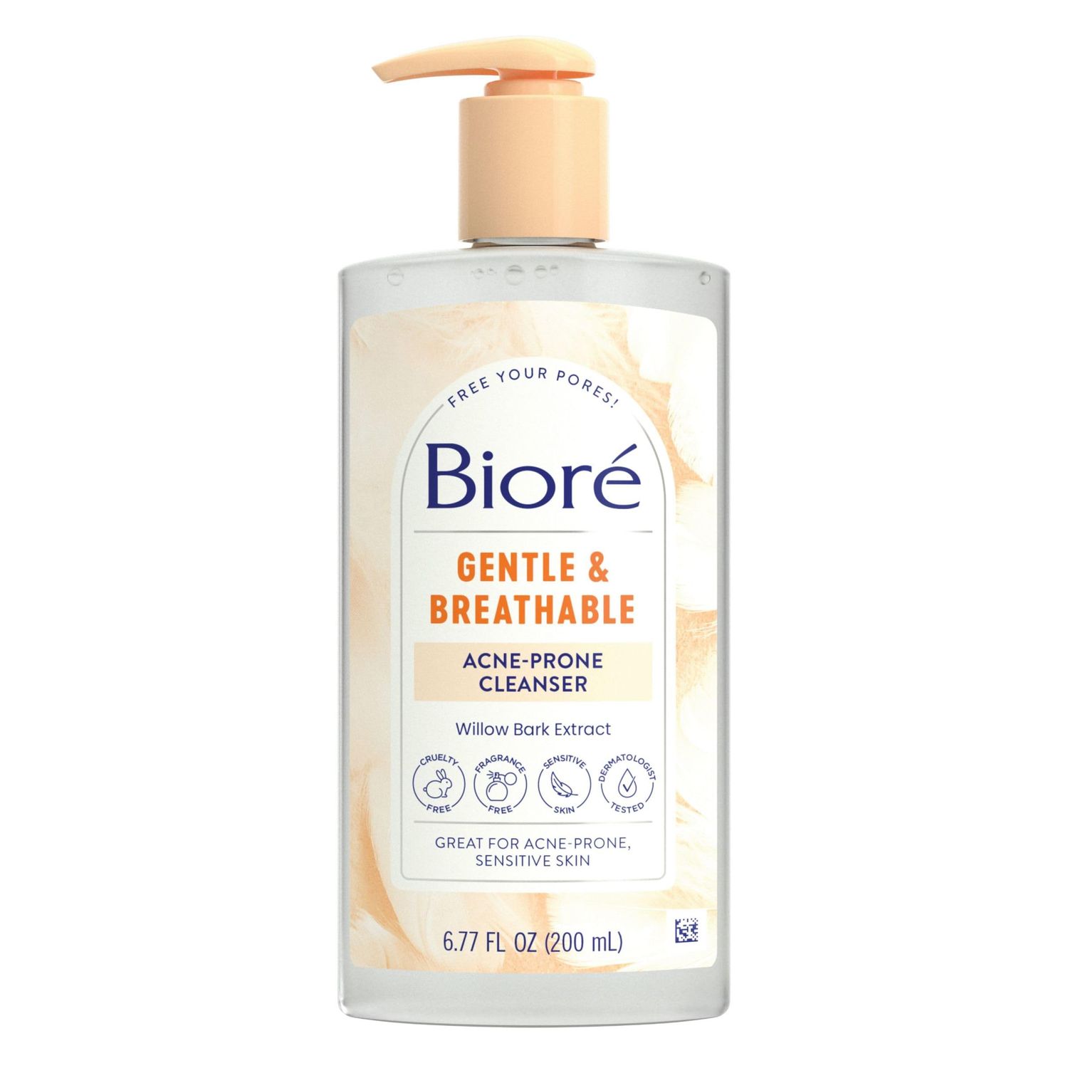 Biore Gentle &amp; Breathable Acne Face Wash, Gentle Face Cleanser for Sensitive and Acne Prone Skin, Infused with Willow Bark Extract to Clarify Skin, Fragrance Free, 6.77 Oz