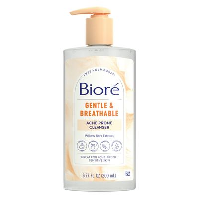 Biore Gentle &amp; Breathable Acne Face Wash, Gentle Face Cleanser for Sensitive and Acne Prone Skin, Infused with Willow Bark Extract to Clarify Skin, Fragrance Free, 6.77 Oz