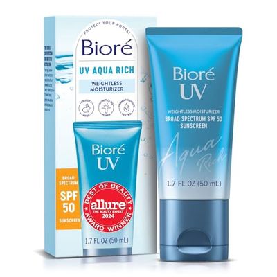 Biore UV Aqua Rich SPF 50 PA++++ Daily Moisturizer Sunscreen for Face, For Sensitive Skin, Oil Free, Hyaluronic Acid, Vegan, Oxybenzone &amp; Octinoxate Free, Dermatologist Tested, 1.7 Oz