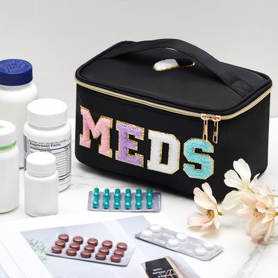 Geetery Chenille Letter Bag Nylon Meds Makeup Bag Portable Bag Makeup Cases Preppy Patch Makeup Bag with Zipper Cosmetic Toiletry Storage Bag for Women (Black)