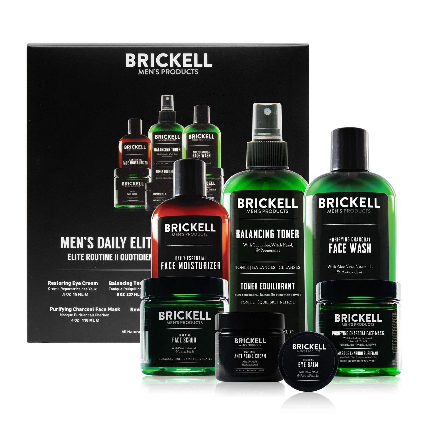 Brickell Men&#39;s Daily Elite Face Care Routine II, Toner, Charcoal Facial Wash, Face Scrub, Anti-Aging Night Cream, Eye Cream, Charcoal Mask and Moisturizer, Natural and Organic, Scented