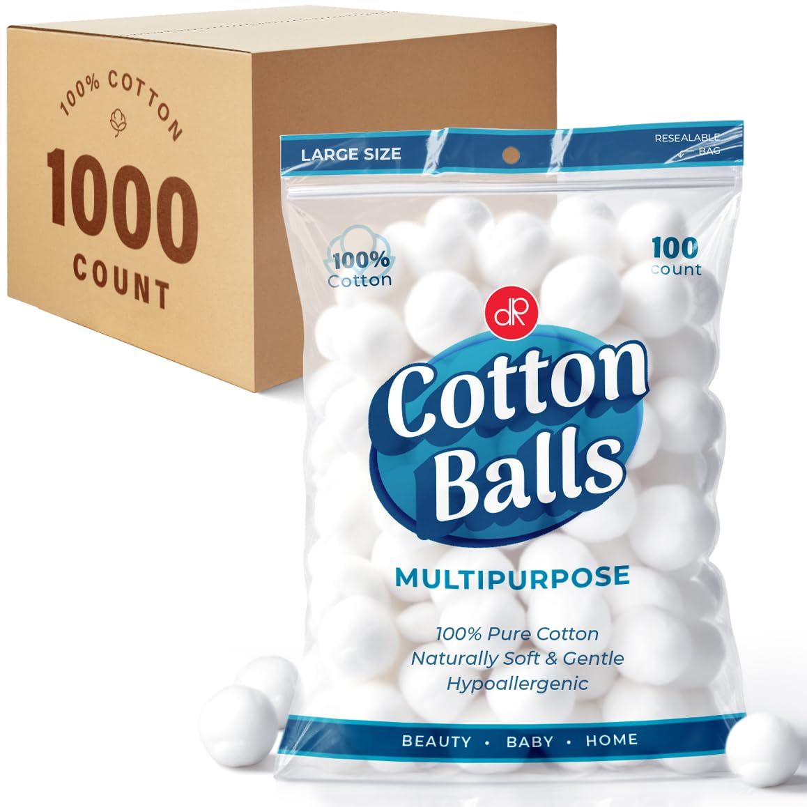 DecorRack 1000 [Large] Cotton Balls Bulk Pack for Make-Up, Nail Polish Removal, Applying Oil Lotion or Powder, Multi-Purpose Balls Made from 100% Natural Cotton, Soft and Absorbent (1000 Count)
