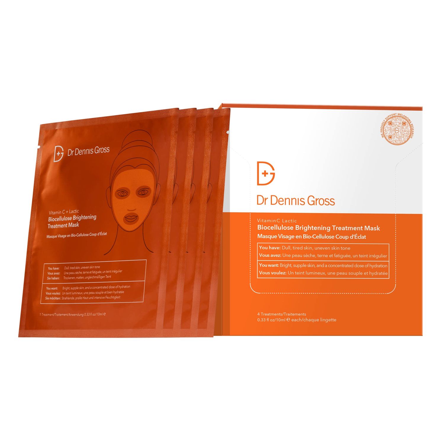 Dr Dennis Gross Vitamin C Lactic Biocellulose Brightening Treatment Mask, Revive Dry, Visibly Damaged Skin, 4 Pack
