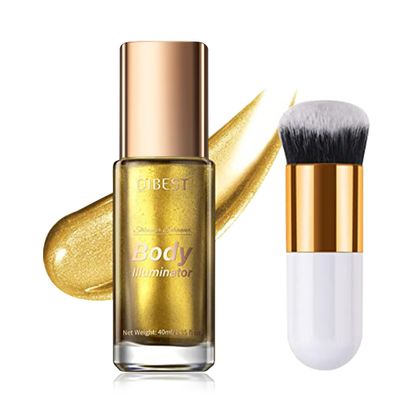 40ml Body Shimmer Oil,Liquid Body Illuminator, Waterproof Moisturizing And Glow For Face &amp; Body, All-In-One Makeup Liquid Illuminator, Summer Body Luminizer,Makeup Brush Include (05#Gold)