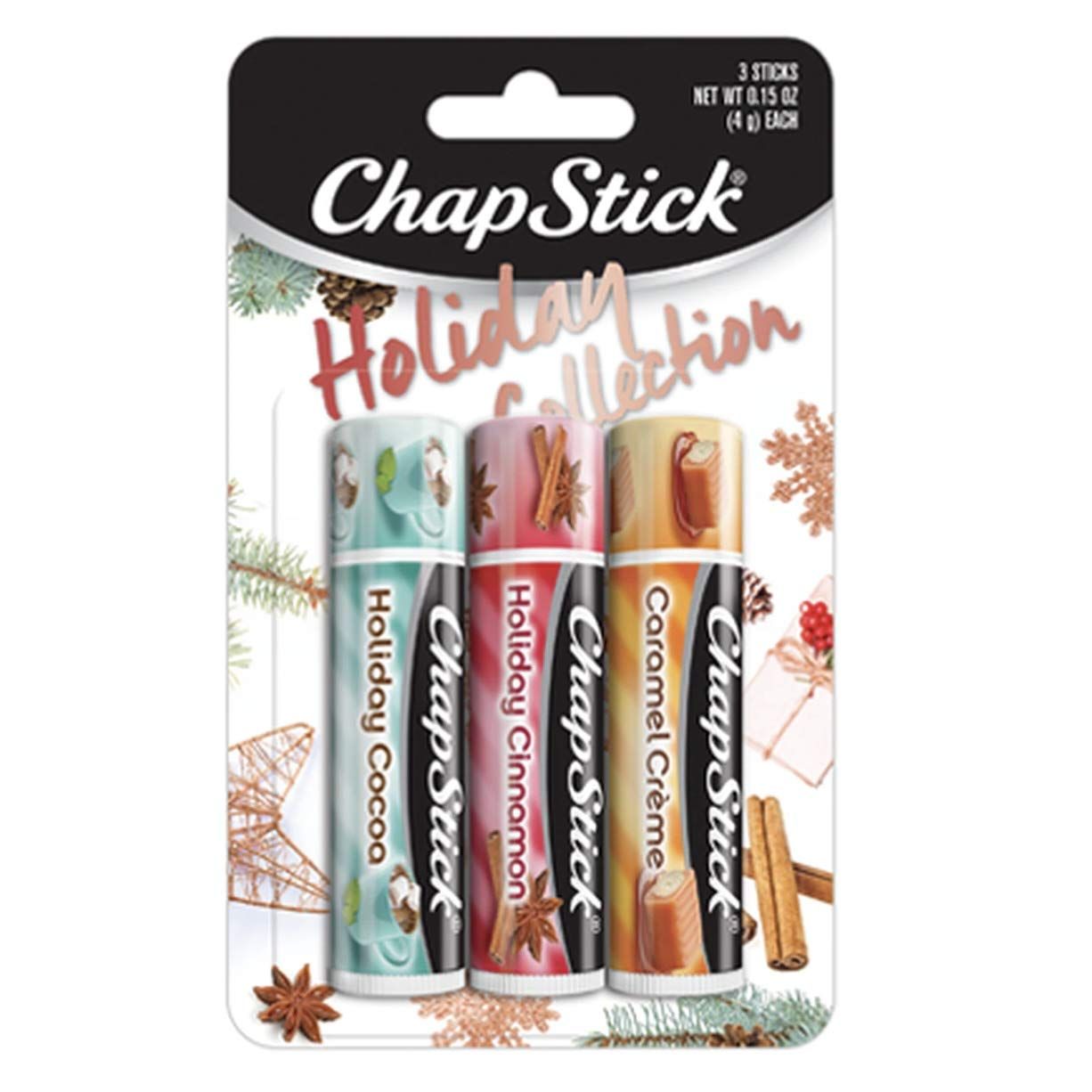 Chapstick Holiday Collection 2017, Pack of 3, Holiday Cinnamon, Caramel Creme &amp; Holiday Cocoa, 0.15 Oz Ea
