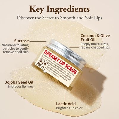 EJW Nourishing Lip Scrub - Infused with Coconut Oil, Olive Fruit Oil, and Jojoba Seed Oil, 1.05oz - Exfoliate, Hydrate, and Glow for Chapped Dry, Dark Lips