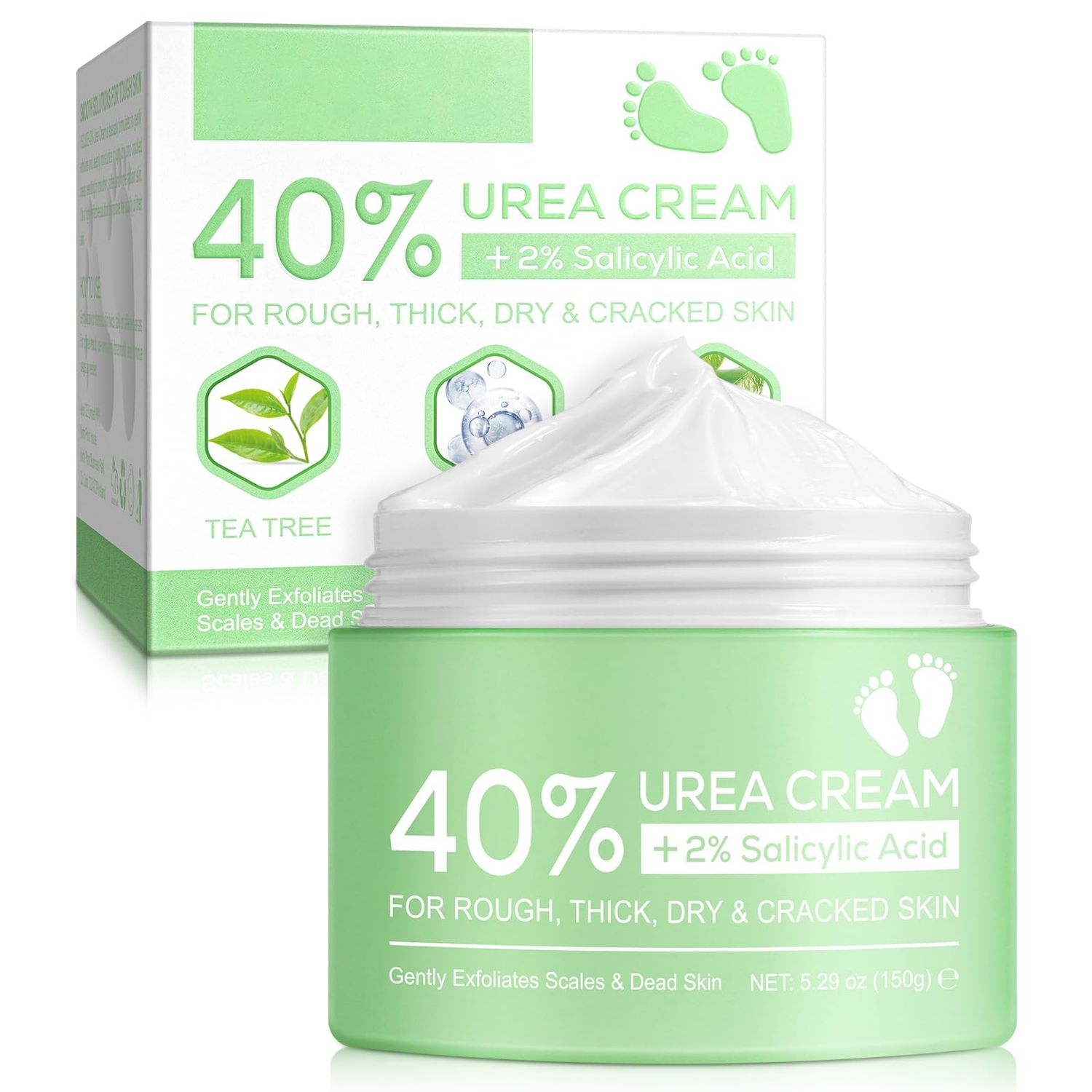 Generic 40 Percent Urea Cream plus 2 Percent Salicylic Acid - for Rough Thick Dry &amp; Cracked Skin - Gently Exfoliates - Feet Hands Elbows - Tea Tree, Aloe Vera - 5.29 Oz(150g), Green